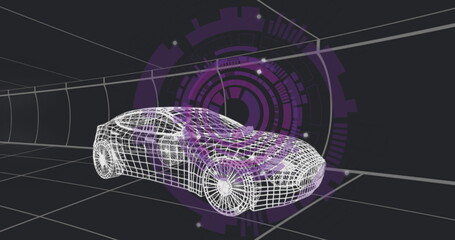 Rendering 3D sedan wireframe model in dark grey grid tunnel, with purple HUD interface