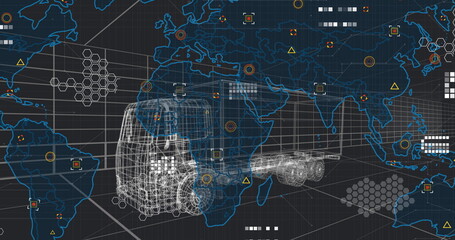 Displaying wireframe semi-truck model over 3d grid floor, with world map overlay and hex patterns