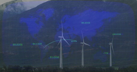 Spinning white wind turbines rotating in foothills, with digital map, grid lines and data points