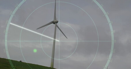 Showing wind turbine on grassy hill, with radar overlay showing crosshair, circles, sweep beam