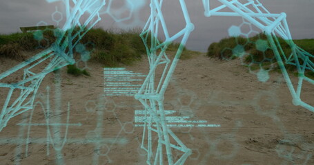 Overlaying turquoise skeletal wireframe on dune path with hex grid and alphanumeric readouts