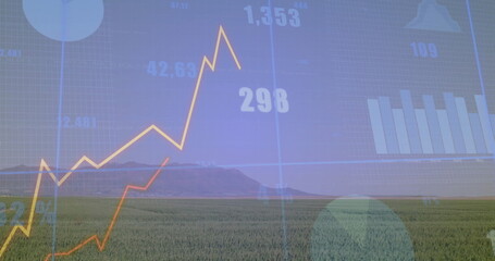 Displaying semi-transparent financial overlay over crop field with line graphs and numeric labels