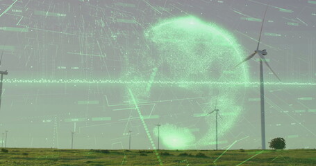 Holographic globe hovering above wind turbines over rural grassland, showing digital data visuals