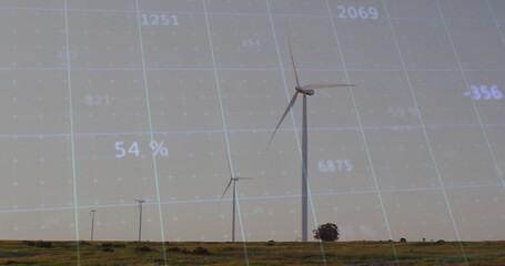 Featuring large wind turbine rising against overlaid data grid on rural plain, with numeric labels