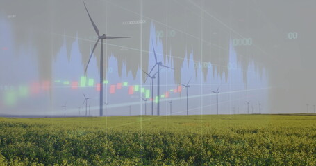 Highlighting white wind turbine rising above rapeseed field with candlestick overlay, copy space