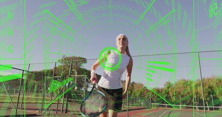 Swinging racket tennis player hitting incoming ball on hardcourt, through green HUD at tennis net