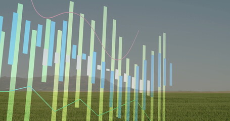 Displaying data overlay floating over grassland toward hills, with translucent bars and line graphs