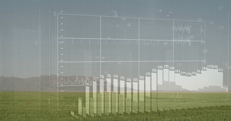 Displaying data visualization hovering over green grass plain, featuring bar chart and line graphs