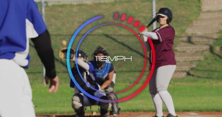 Swinging maroon jersey batter aiming bat at home plate, with speed gauge overlay, copy space