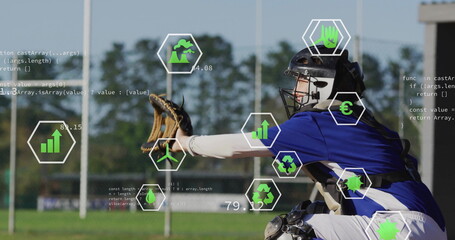 Reaching catcher wearing gear holding mitt on baseball field, floating code, eco icons, copy space
