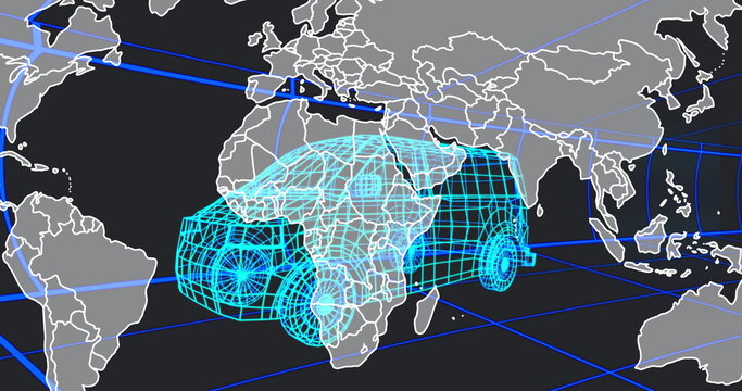 Hovering cyan-blue wireframe SUV model above virtual grid plane, with world map outlines