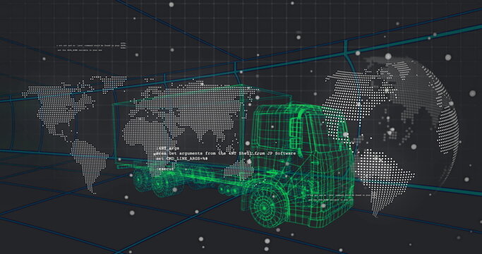 Floating wireframe truck model in 3D grid interface, with map overlays, code snippets, data nodes - Powered by Adobe