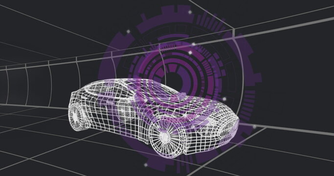 Rendering 3D sedan wireframe model in dark grey grid tunnel, with purple HUD interface