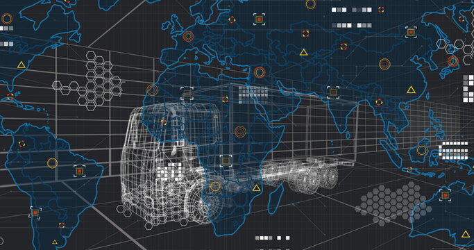 Displaying wireframe semi-truck model over 3d grid floor, with world map overlay and hex patterns