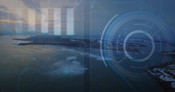 Showing aerial rocky islands at dusk, with bar chart, circular HUD, circuit lines, grid overlay