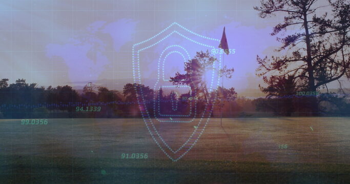 Displaying shield showing padlock over grassy field at sunset, with flag and world map numeric data - Powered by Adobe