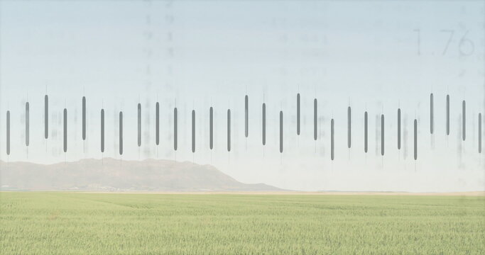 Fototapeta Displaying translucent data bars with gridlines and labels overlaying green grass field, with hills
