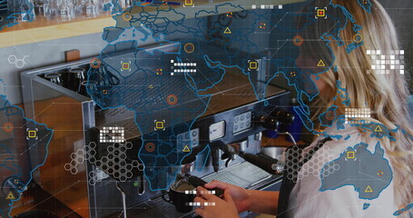 Barista wearing apron operating espresso machine, pulling shot with portafilter at cafe, copy space