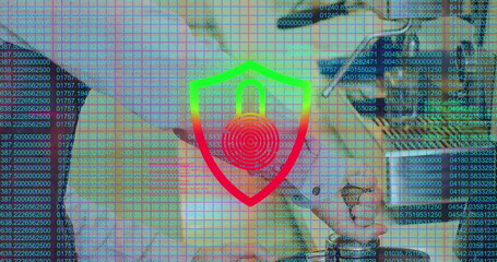 Showing partners in suits shaking hands in office, with code overlay and shield fingerprint padlock