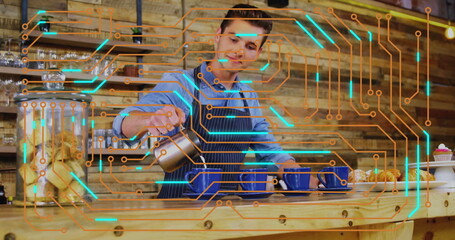 Barista wearing apron pouring coffee from metal jug into blue cups in cafe, with circuit overlay