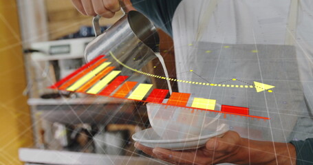 Barista pouring milk from pitcher into coffee cup at coffee shop, with digital bar chart overlay