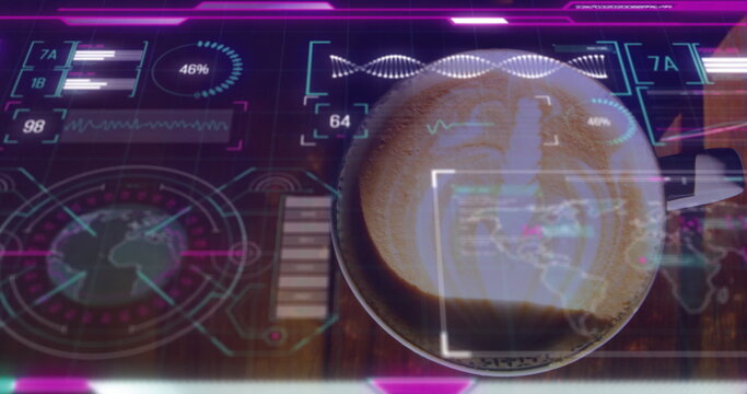 Presenting ceramic coffee cup featuring neon UI overlays on wooden cafe table, AR analytics theme