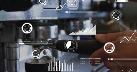 Locking portafilter handle, barista operating espresso machine at cafe, with cup and data overlays