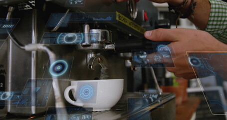 Barista operating metal portafilter extracting espresso into cup in cafe with digital overlays