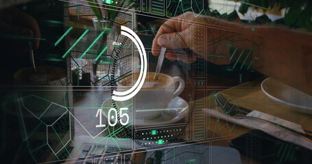 Stirring spoon mixing frothy coffee in white ceramic cup at cafe table, with digital HUD overlay