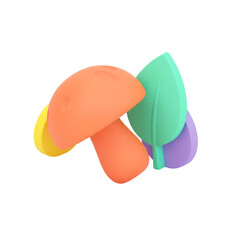 A charming and minimalist 3D design featuring a colorful mushroom and leaves, a whimsical graphic element perfectly isolated.