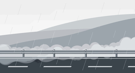 Fototapeta premium Monochromatic illustration of a highway scene during heavy rainfall and gray sky background, embodying somber scenery, minimal design