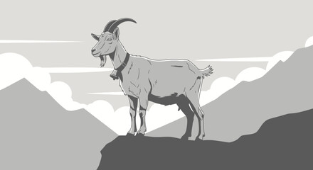 Fototapeta premium Monochrome illustration of a goat standing proudly atop a mountain peak landscape