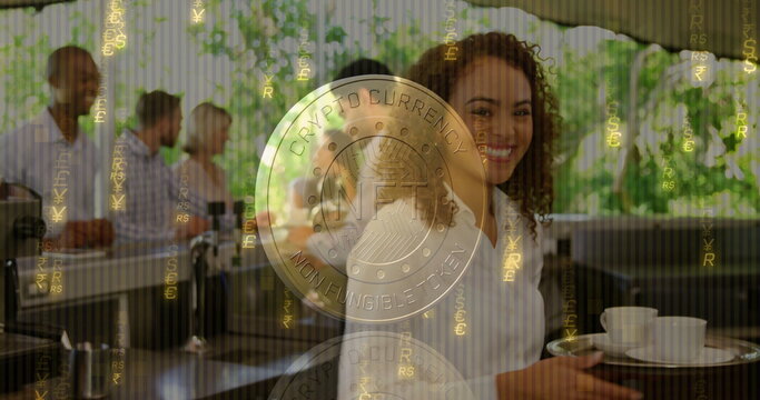 Displaying golden NFT coin overlay above café, with customers waiting and floating currency symbols - Powered by Adobe