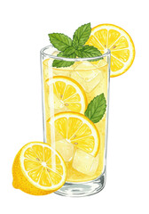 Tall glass of lemonade with lemon mint, yellow citrus cocktail cut out