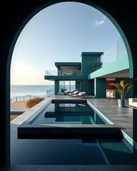 Fototapeta premium Serene seaside villa with turquoise accents and minimalist design elements
