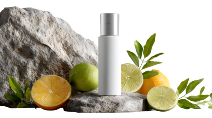 White cosmetics bottle on rock isolated on white background 