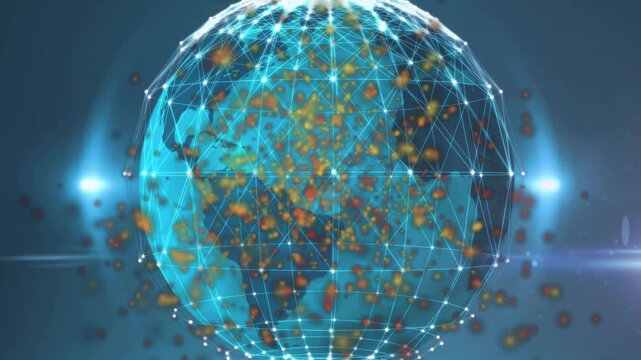 Following rotation pause wireframe globe sending glowing particles away to visualize network growth