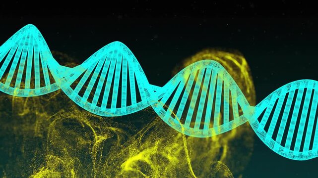 At start, DNA helix emerging pulsating as yellow particles swirling visualizing biomedical process