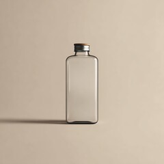 A simple glass bottle with a wooden cap, placed against a neutral background, highlighting its clear design.