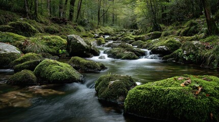 Obraz premium Serene Forest Stream Flowing Over Moss-Covered Rocks Through Lush Green Woodland in a Tranquil Nature Scene