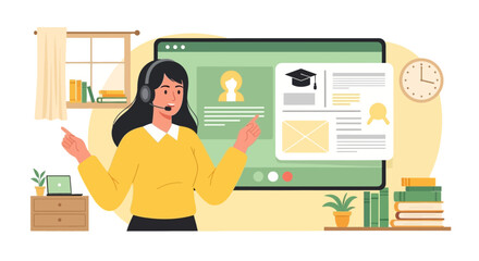 Online Education with a woman Explaining a Class Lesson using the internet platform concept illustrated in vector format
