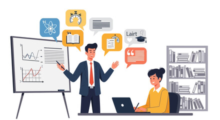 Online learning and teaching illustration featuring a tutor and a student in a virtual classroom setting showing graphs and icons