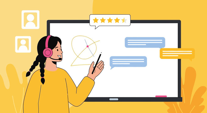 Online tutor giving a virtual lesson with a digital whiteboard for remote learning concept