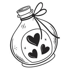 Whimsical hand drawn sketch of a glass potion bottle filled with three dark hearts and tied with a ribbon evoking magic and love