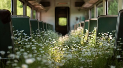 An abandoned train car overgrown with wildflowers, creating a serene and natural atmosphere inside an otherwise desolate space.