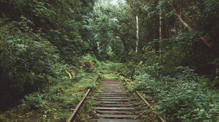 Obraz premium A serene, overgrown railway track surrounded by lush greenery, creating a tranquil pathway through nature.