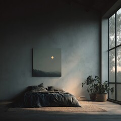 A serene bedroom with a large window, featuring a moonlit painting, cozy bedding, and a potted plant, creating a tranquil atmosphere.