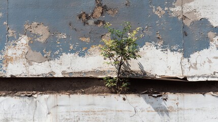 A resilient plant grows through cracks in a weathered wall, symbolizing life and persistence in an urban environment.
