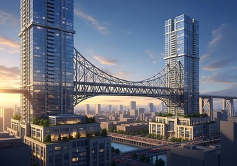 Fototapeta premium Modern skyscraper buildings connected by a futuristic bridge over a city skyline architecture urban