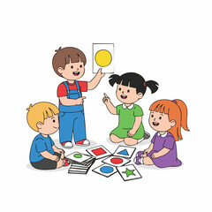 Flat Style Cheerful Kids Playing Shape Learning Game Illustration